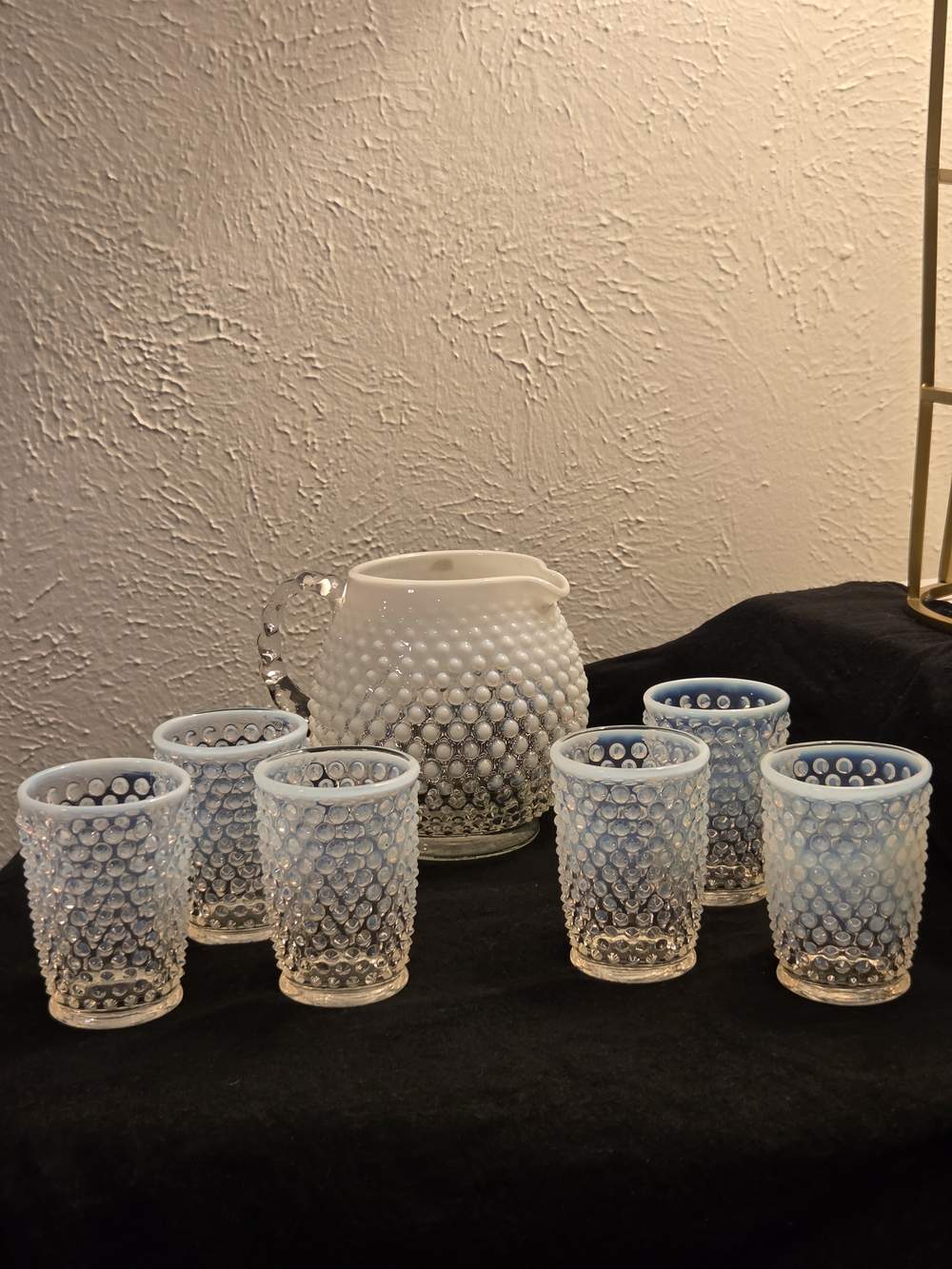 Fenton Hobnail Squat Pitcher and Tumbler Set in Opalescent White